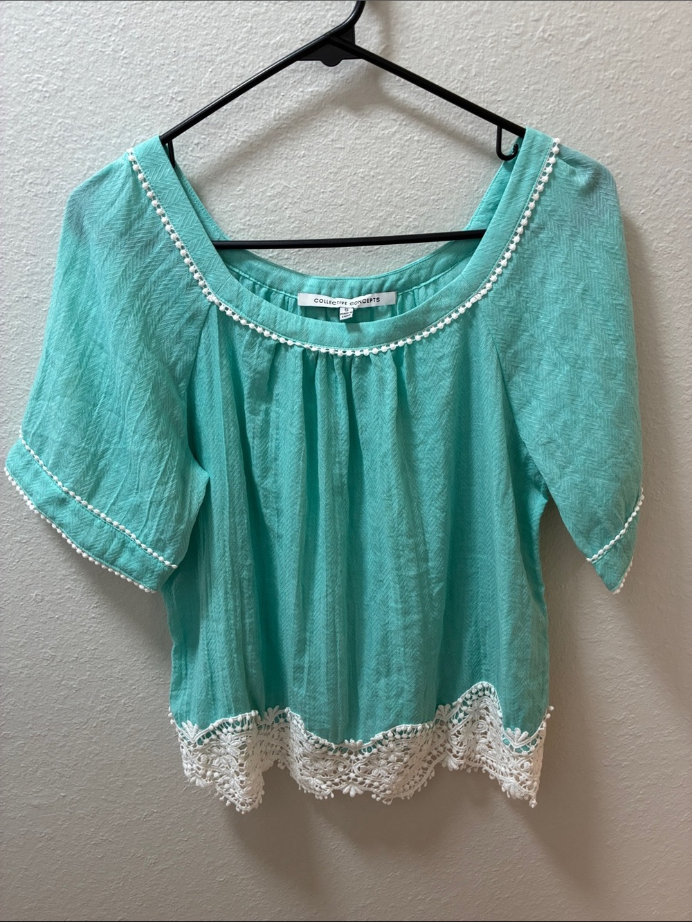 Collective Concepts Aqua Peasant Blouse with White Crochet Hem